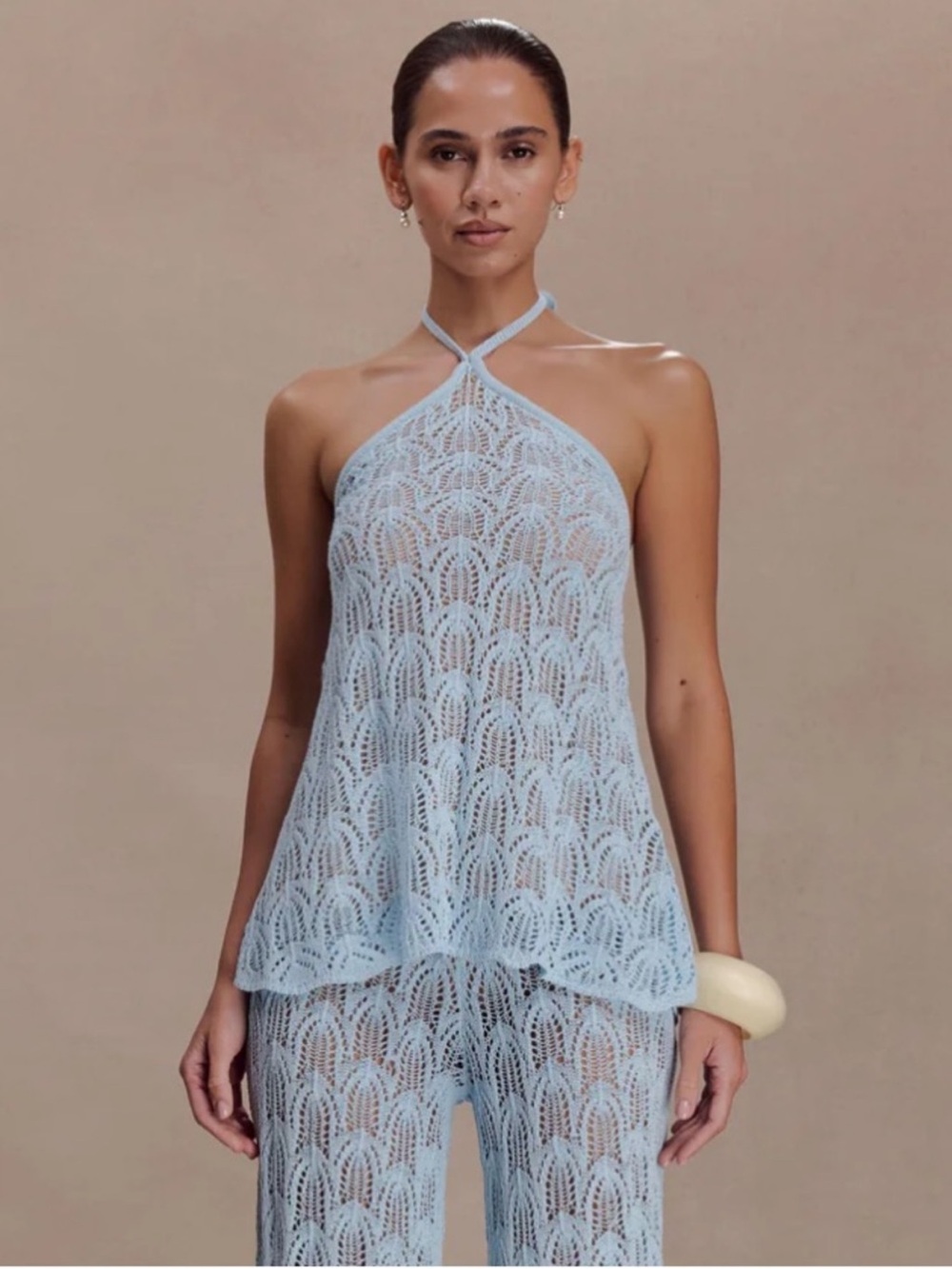 Meshki Corey Light Blue Crochet Halter pant set